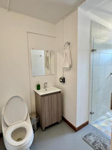 a bathroom with a toilet and a sink and a shower at Hostal Casa Iwa in Medellín