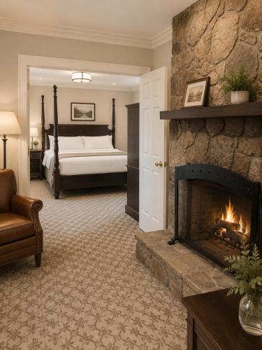 a living room with a fireplace and a bed at The Dillard House in Dillard