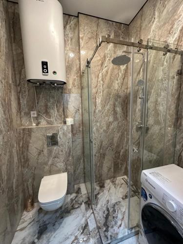 a bathroom with a shower and a toilet and a washing machine at SmartStudio in Odesa