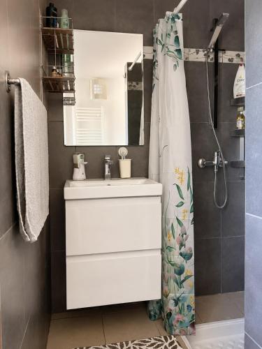 a bathroom with a white sink and a mirror at Chata pod Jilmy in Pelhřimov