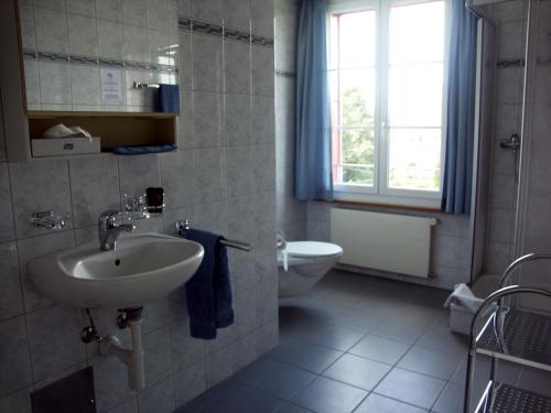 a bathroom with a sink and a toilet at Hotel Restaurant Bahnhof in Schüpfen