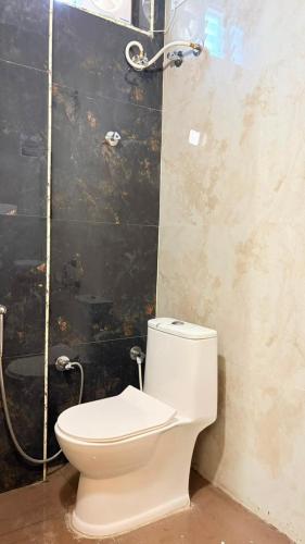 a bathroom with a toilet and a shower at Hotel Vakula Matha Grand in Tirupati