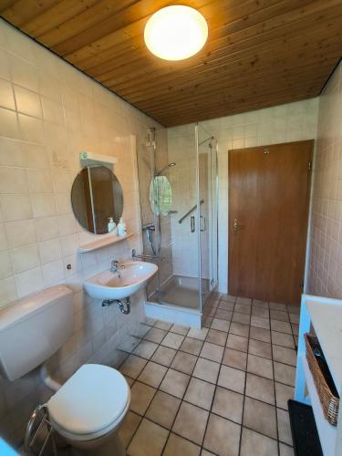 a bathroom with a toilet and a sink and a shower at Obergeschoss Bungalow 47 in der Ferienanlage RHÖN RESIDENCE in Dipperz