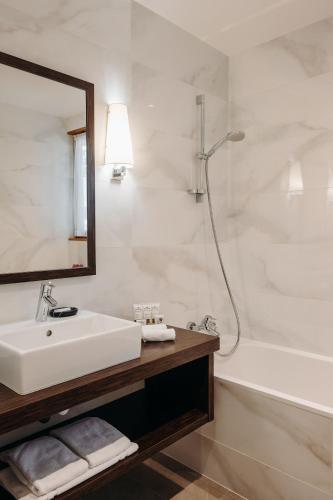 a bathroom with a sink and a shower and a mirror at Hotel Le Cottage Bise in Talloires