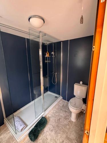 a bathroom with a shower and a toilet at Railmans Rest in Faversham
