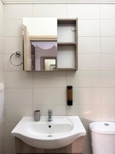 a bathroom with a sink and a mirror and a toilet at Serenity home in Souda