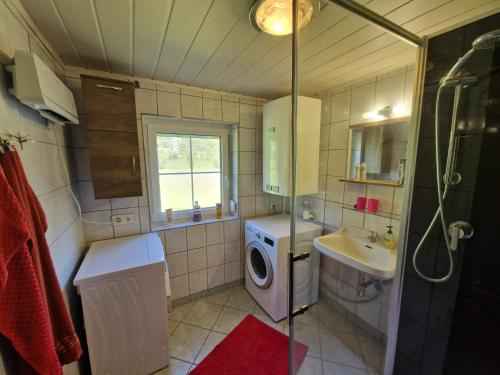 a small bathroom with a washing machine and a sink at Ferienhaus mit Bergblick am Wald in Stall