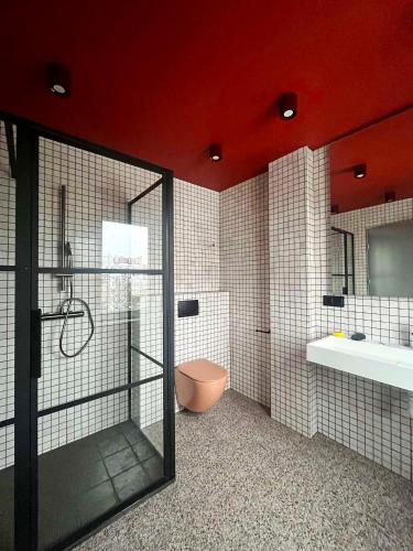 a bathroom with a toilet and a shower and a sink at Loft Hause Sopot in Sopot