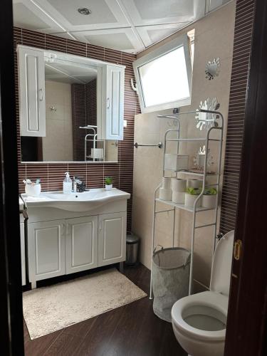 a bathroom with a sink and a toilet and a mirror at Lux dvosoban stan u centru Bara in Bar