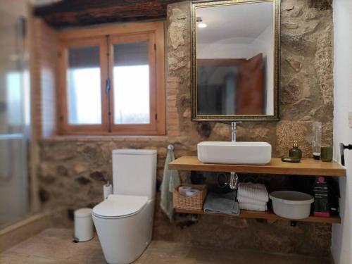 a bathroom with a toilet and a sink and a mirror at Casa Villamiel in Villamiel