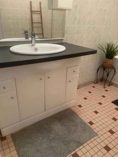 a bathroom with a sink and a mirror at Maison de campagne in Clessé