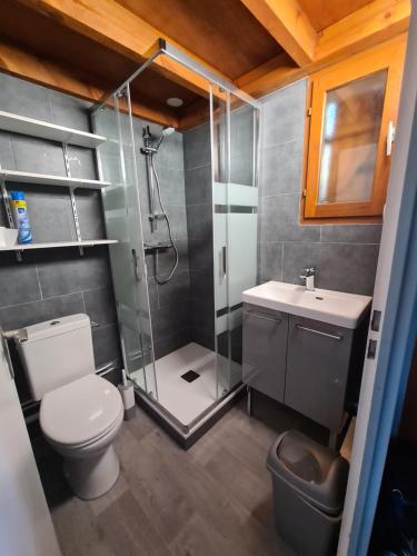 a bathroom with a shower and a toilet and a sink at Maison in Camiers