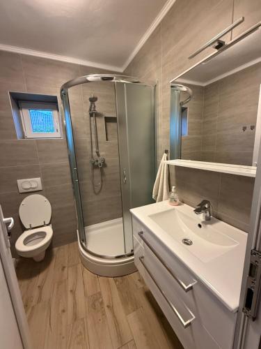a bathroom with a shower and a sink and a toilet at Apartment Kristijan in Pag