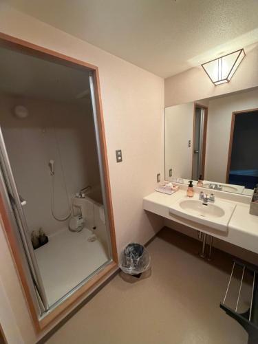 a bathroom with a shower and a sink and a mirror at HOTEL&RESORT Izu no Ne in Higashiizu