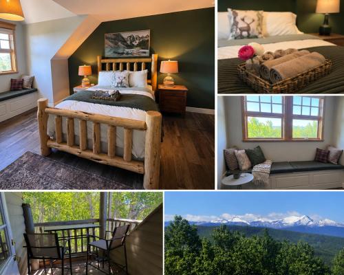 a collage of pictures of a bedroom with mountains at The Wandering Antler - Bragg Creek in Bragg Creek