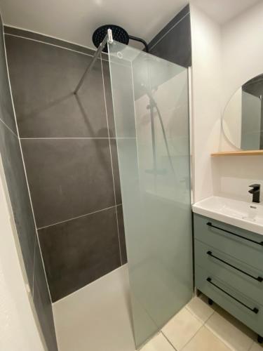 a shower with a glass door next to a sink at Fre&dom in Lacanau