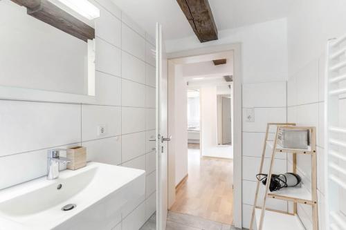 a bathroom with a sink and a ladder next to a mirror at Ferienhof Riekeshof in Schmallenberg