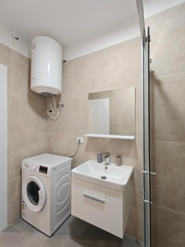 a bathroom with a washing machine and a sink at DS apartments in Golem