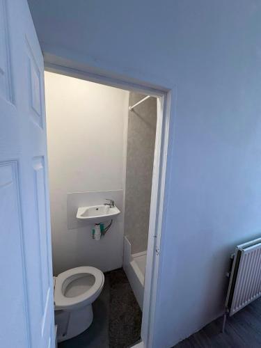 a bathroom with a toilet and a sink at Goody Suites in Newcastle upon Tyne