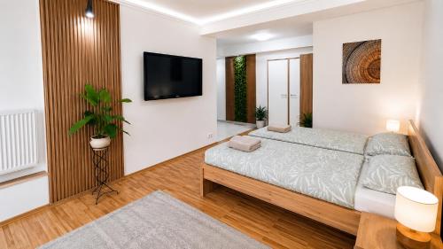 a bedroom with a bed and a tv on a wall at Clementine Apartman by Flats4You in Százhalombatta