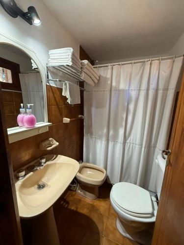 a bathroom with a sink and a toilet and a shower at Complejo Villa Azul in Esquel