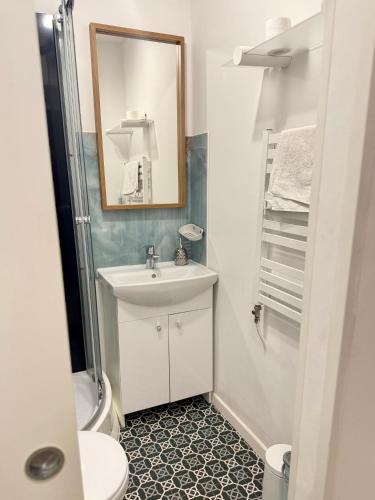 a bathroom with a sink and a toilet and a mirror at Apartament Zielony Gaj Ustroń Wczasowa 90 in Ustroń