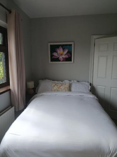 a large white bed in a bedroom with a door at Cistin Bheag Áine in Ballygawley