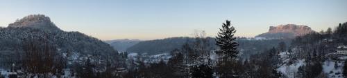 a snow covered mountain with a tree in the foreground at Pension Lachmann in Pfaffendorf