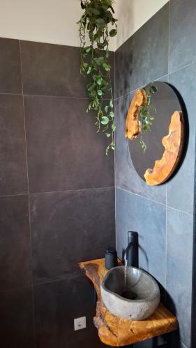 a bathroom with a stone sink on a wooden table at Mirtusz Apartmanház in Balatongyörök