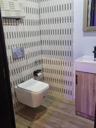 a bathroom with a toilet and a sink at The Royam Hotel and Apartments in Ibadan