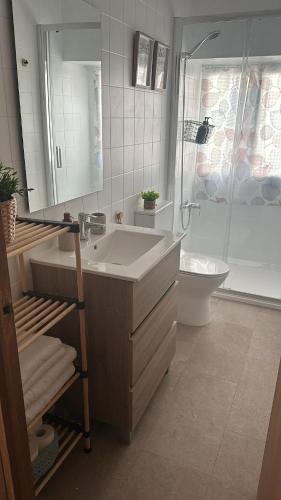 a bathroom with a sink and a shower and a toilet at Casa Manito in El Barraco