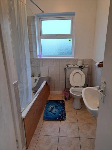 a bathroom with a toilet and a tub and a sink at Sunrise House in Cahersiveen