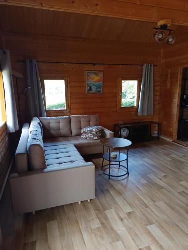 a living room with a couch and a table at Ferienhaus Mit Blick auf die Müritz in Rechlin