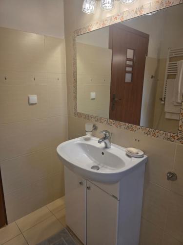 a bathroom with a sink and a mirror at Dom na Wynajem Gdynia Grabówek in Gdynia