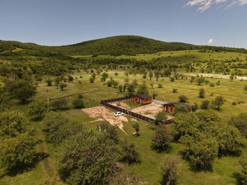 an aerial view of a house in a field at Tianeti Apple Cottages in Churchelaurebi