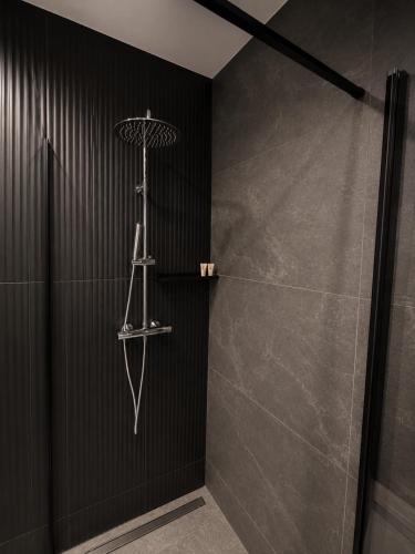a shower in a bathroom with a black wall at Willa Czarny Puzzel in Tarnowska Wola