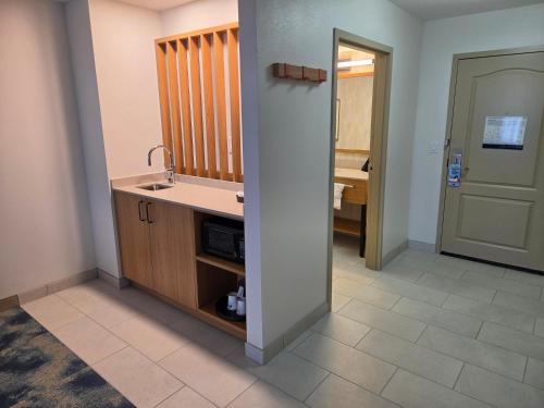 a bathroom with a sink and a mirror and a door at Hampton Inn & Suites Morgan City in Morgan City