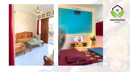 two pictures of a living room and a bedroom at Twentynine Homestay in Banyuwangi
