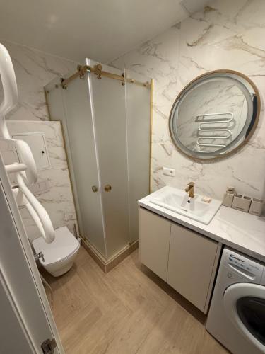 a bathroom with a sink and a toilet and a mirror at Greta Apartment in Alytus