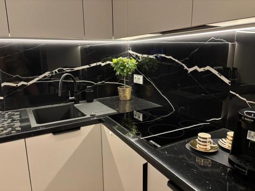 a kitchen with a black counter top with a sink at Apart CRYSTAL in Tomaszów Mazowiecki