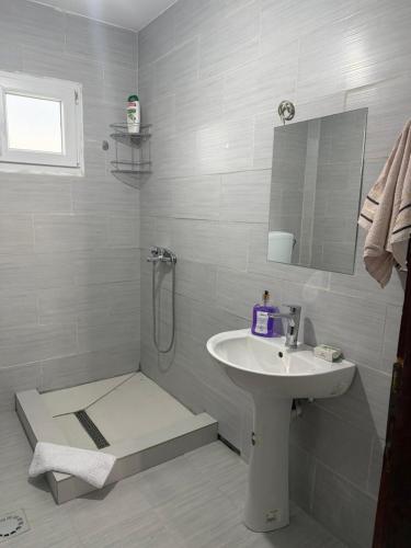a white bathroom with a sink and a shower at Airport Studio apartman ravna gora in Mitrovići
