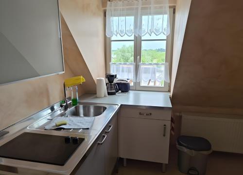 a small kitchen with a sink and a window at Fewo Steuerboard in Röbel