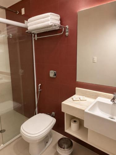 a bathroom with a toilet and a sink and a mirror at Atlântico Golden Apart Hotel in Santos
