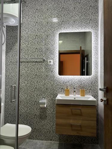 a bathroom with a sink and a mirror at Prenoćište Lovac in Prijepolje