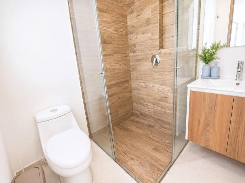a bathroom with a shower with a toilet and a sink at Miramonte Payande in Nimaima