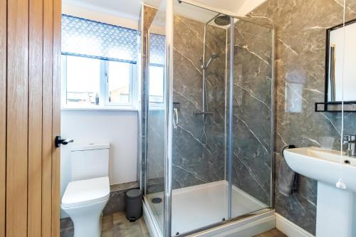 a bathroom with a shower and a toilet and a sink at The Stables in Sibbertoft