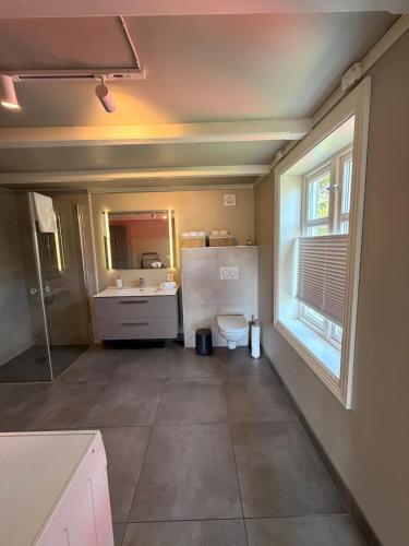 a bathroom with a toilet and a sink and a window at Lofoten Town Villa I Sleeps 9 in Leknes