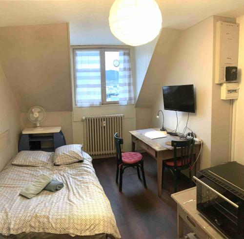 a bedroom with a bed and a desk with a computer at Studio Léman in Chambéry