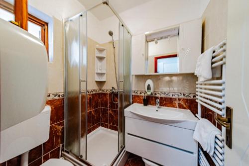 a bathroom with a shower and a sink at Villa Castello in Korčula