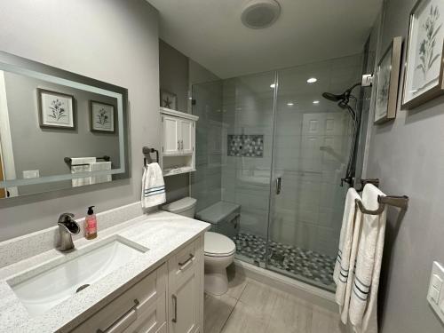 a bathroom with a shower and a sink and a toilet at Escape to Tropical Tampa in Tampa